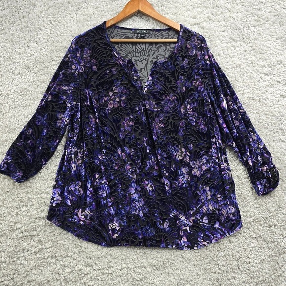 Roz & Ali Women Velvet Burnout Blouse Size 2X Purple 3/4 Sleeve Whimsical Witchy - Picture 1 of 12
